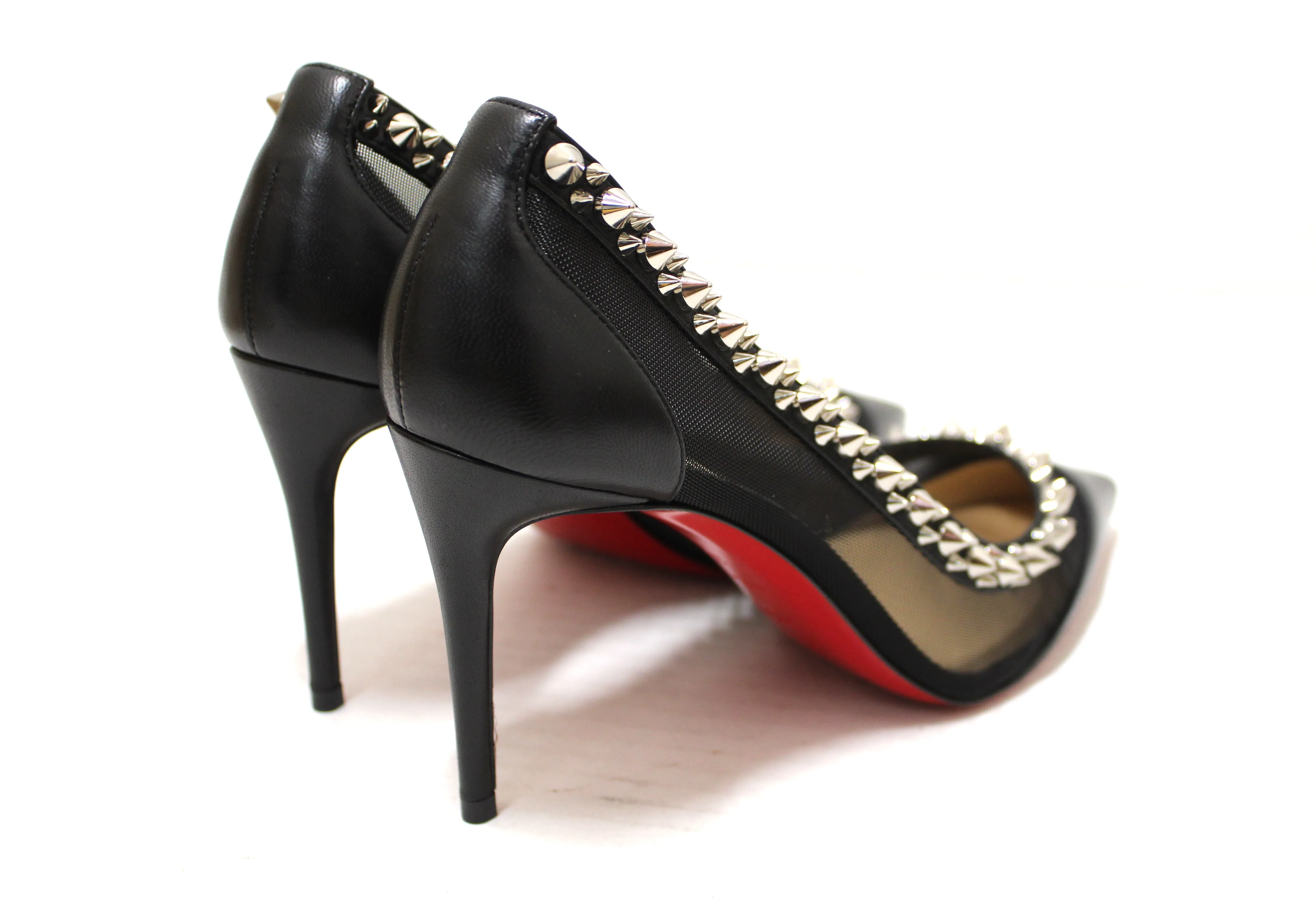 Authentic Christian Louboutin Black Galativi Spikes Pointed Toe Stiletto Heel size 37