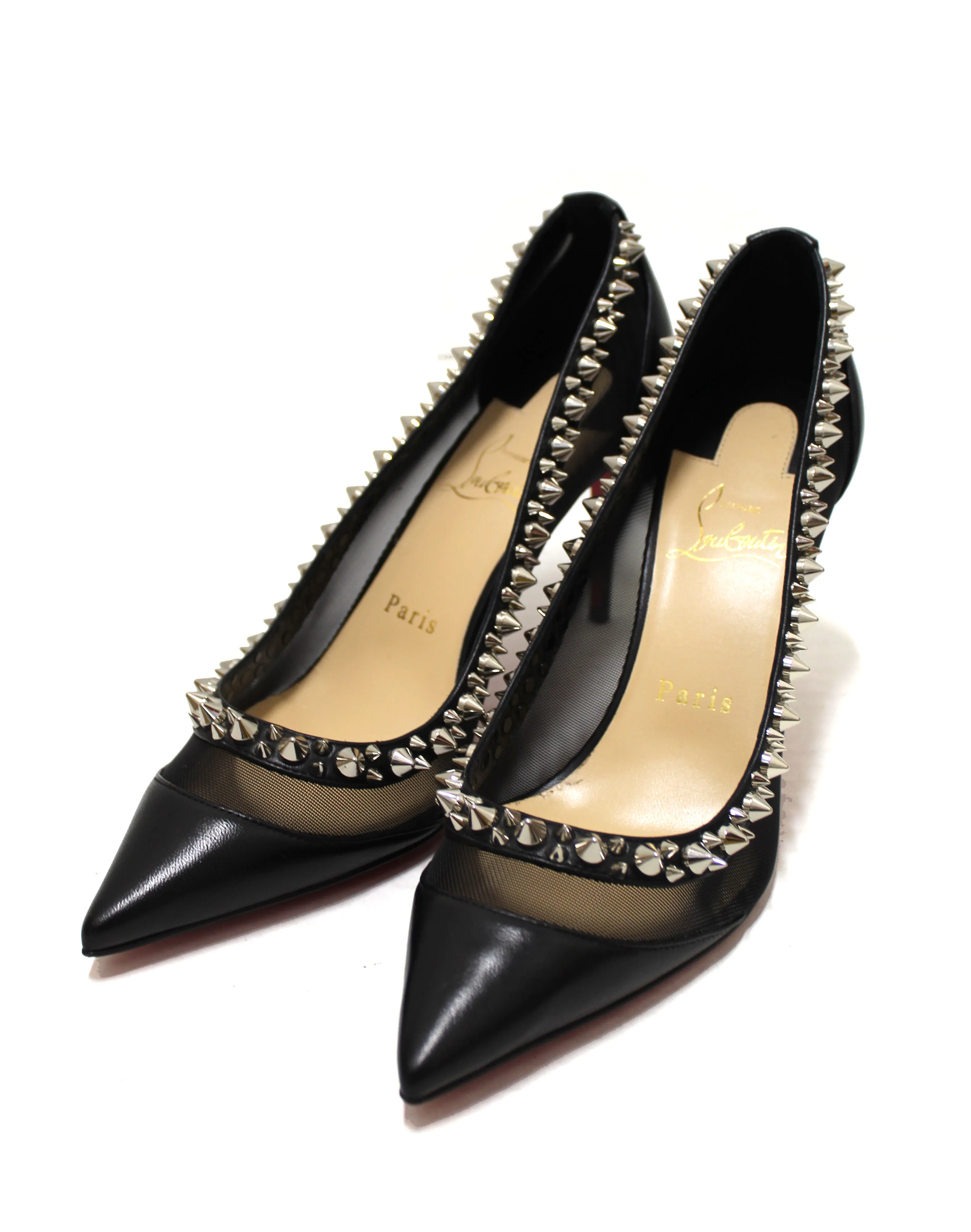 Authentic Christian Louboutin Black Galativi Spikes Pointed Toe Stiletto Heel size 37