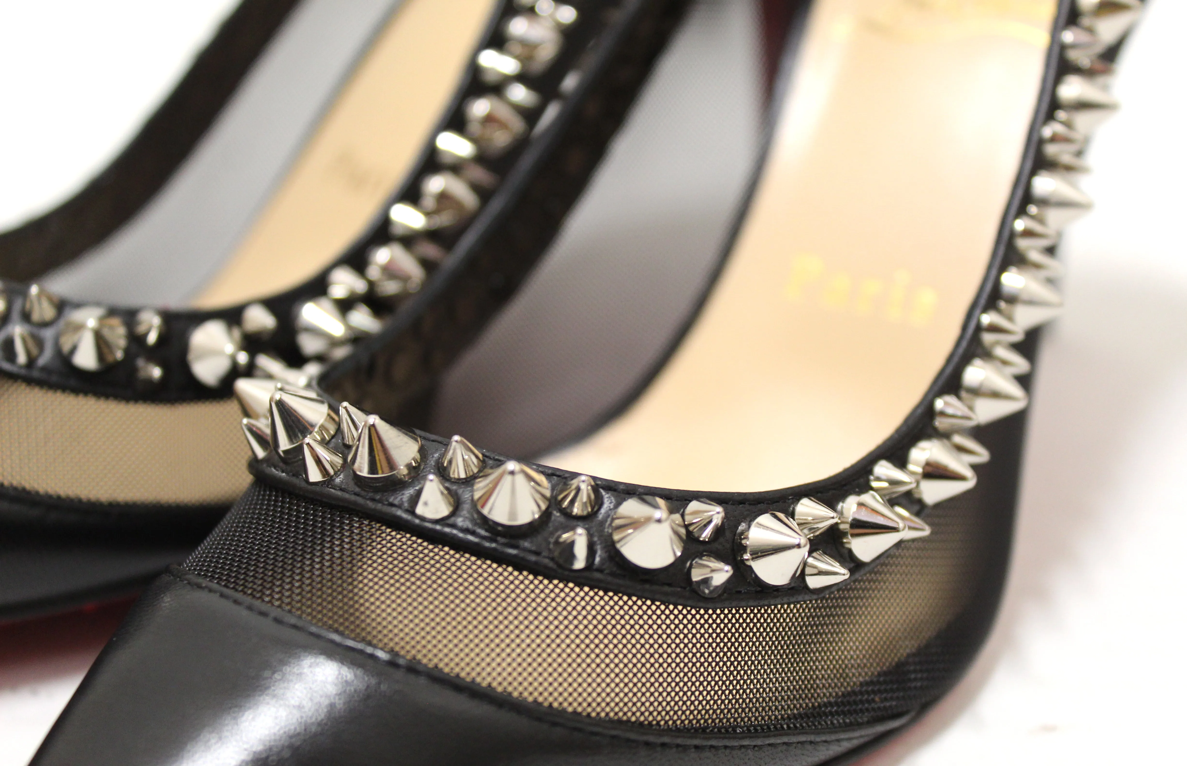 Authentic Christian Louboutin Black Galativi Spikes Pointed Toe Stiletto Heel size 37