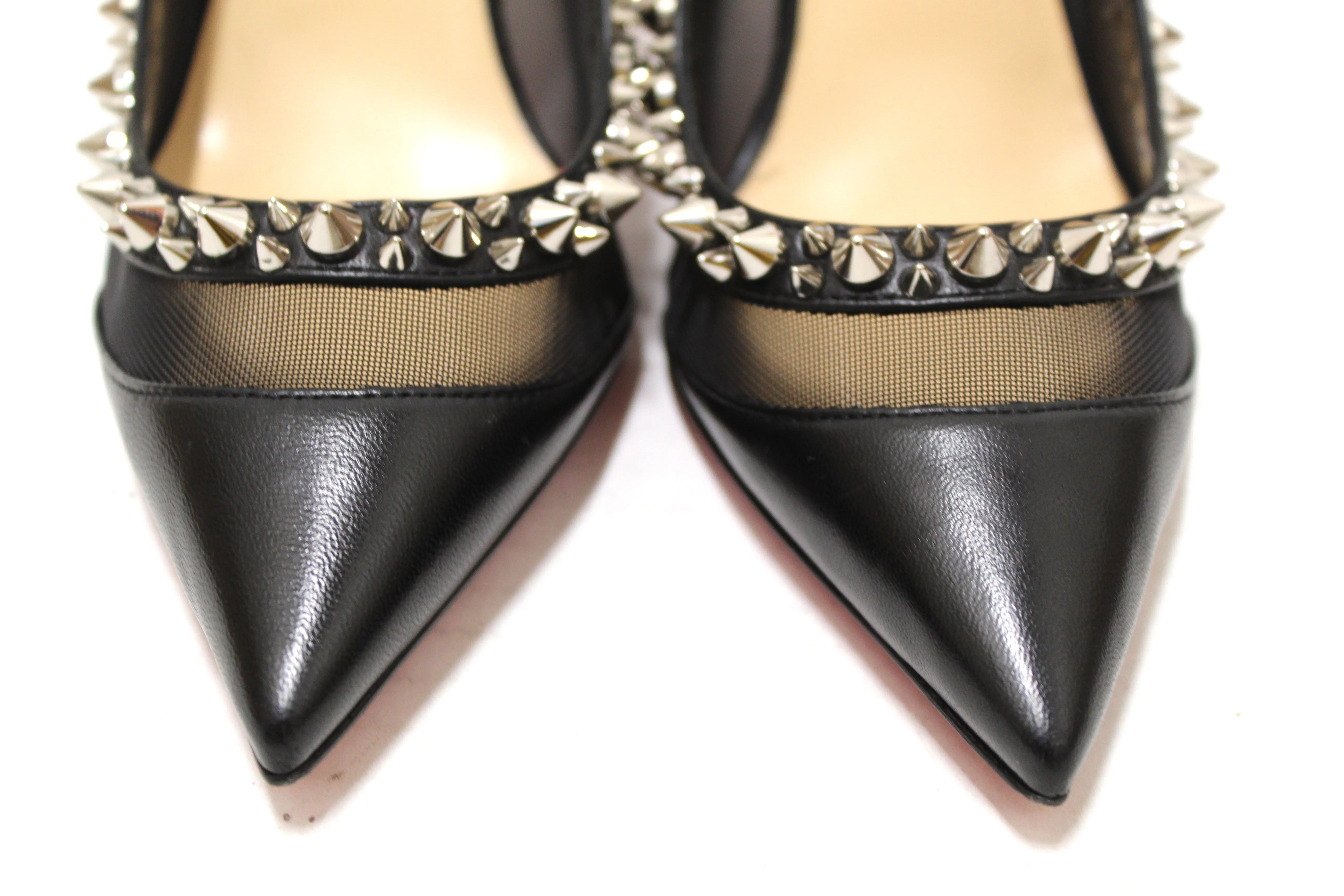 Authentic Christian Louboutin Black Galativi Spikes Pointed Toe Stiletto Heel size 37