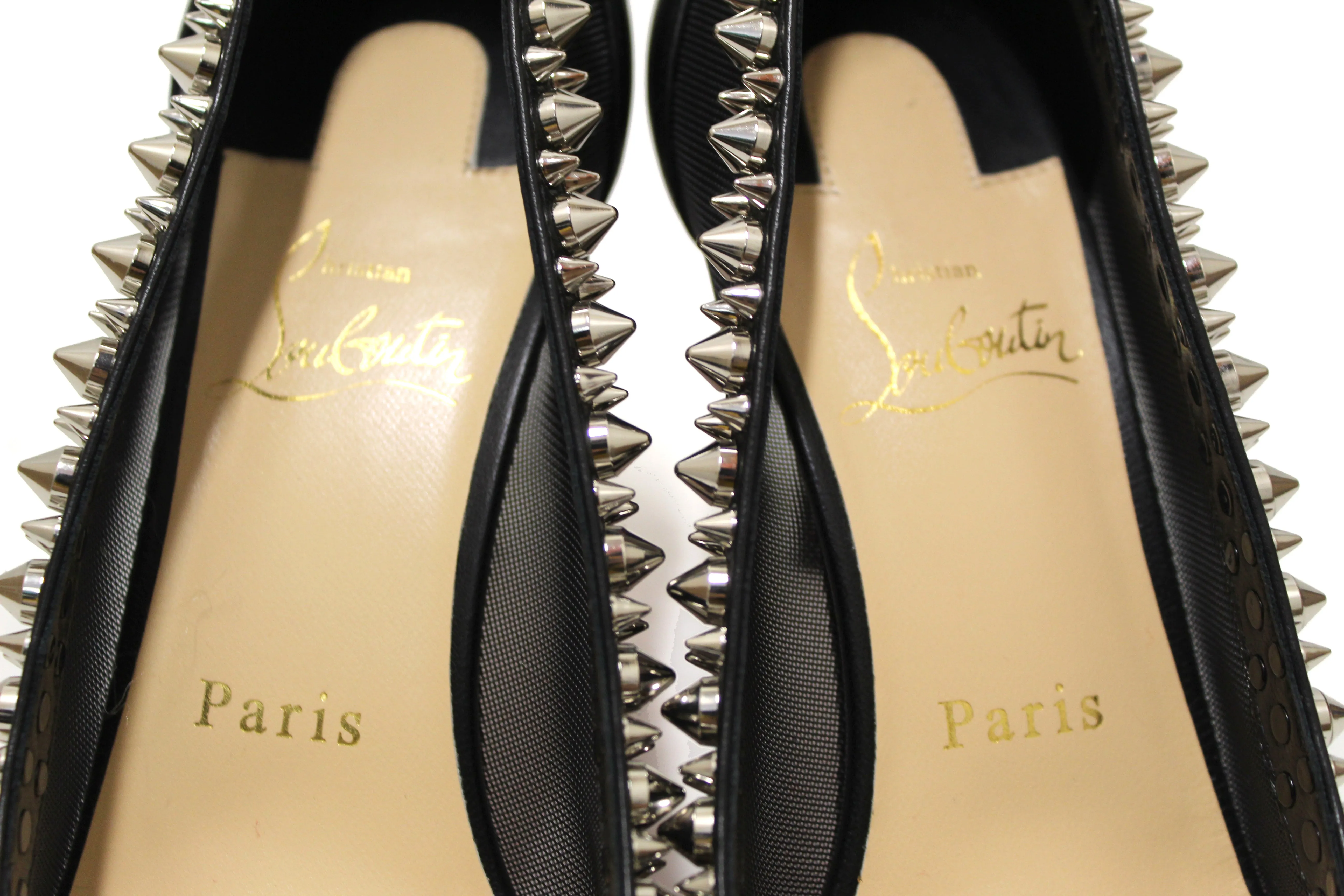 Authentic Christian Louboutin Black Galativi Spikes Pointed Toe Stiletto Heel size 37