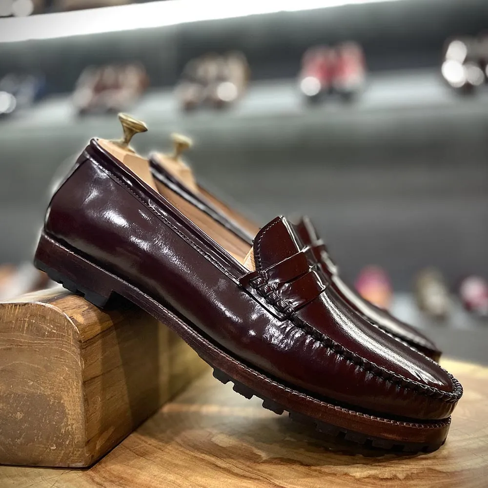 Burgundy Brushed Glossy Classic Moccasins