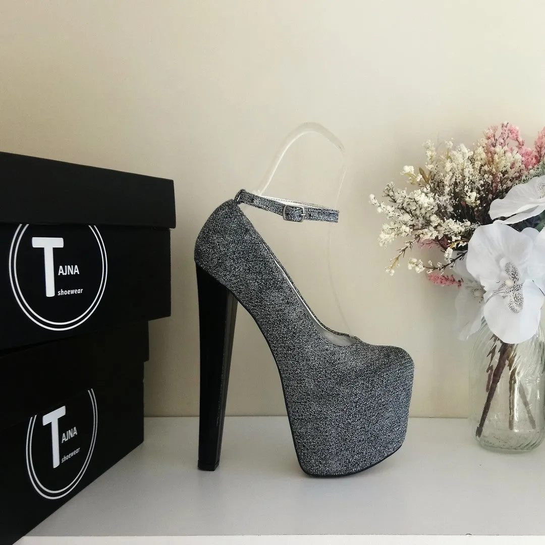 Dark Silver Strap Peep Toe High Heel Platform Shoes