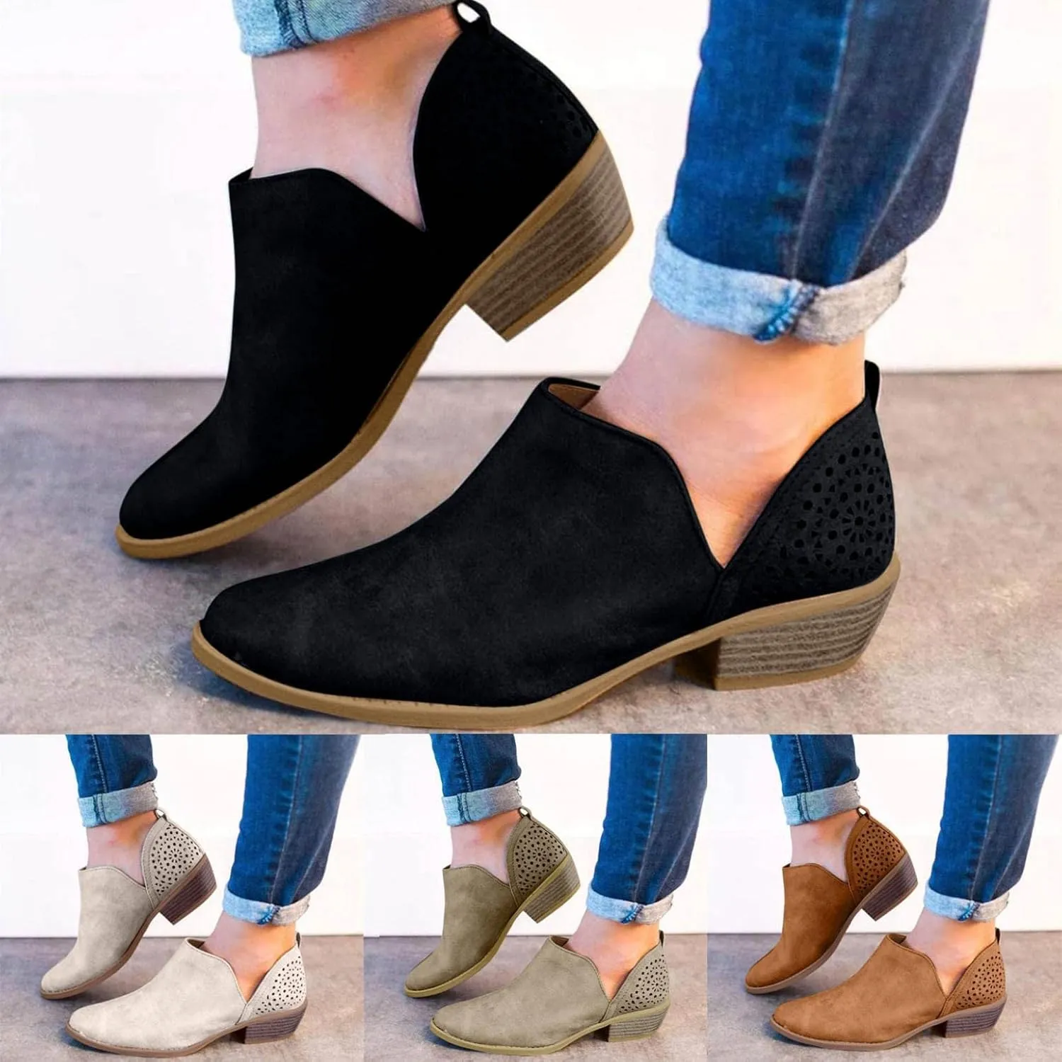 Gibobby Ankle Booties for Women V Cut,Chelsea Boots Slip on Ankle Boots Chunky Pointed Toe Cutout Low Heel Shoes