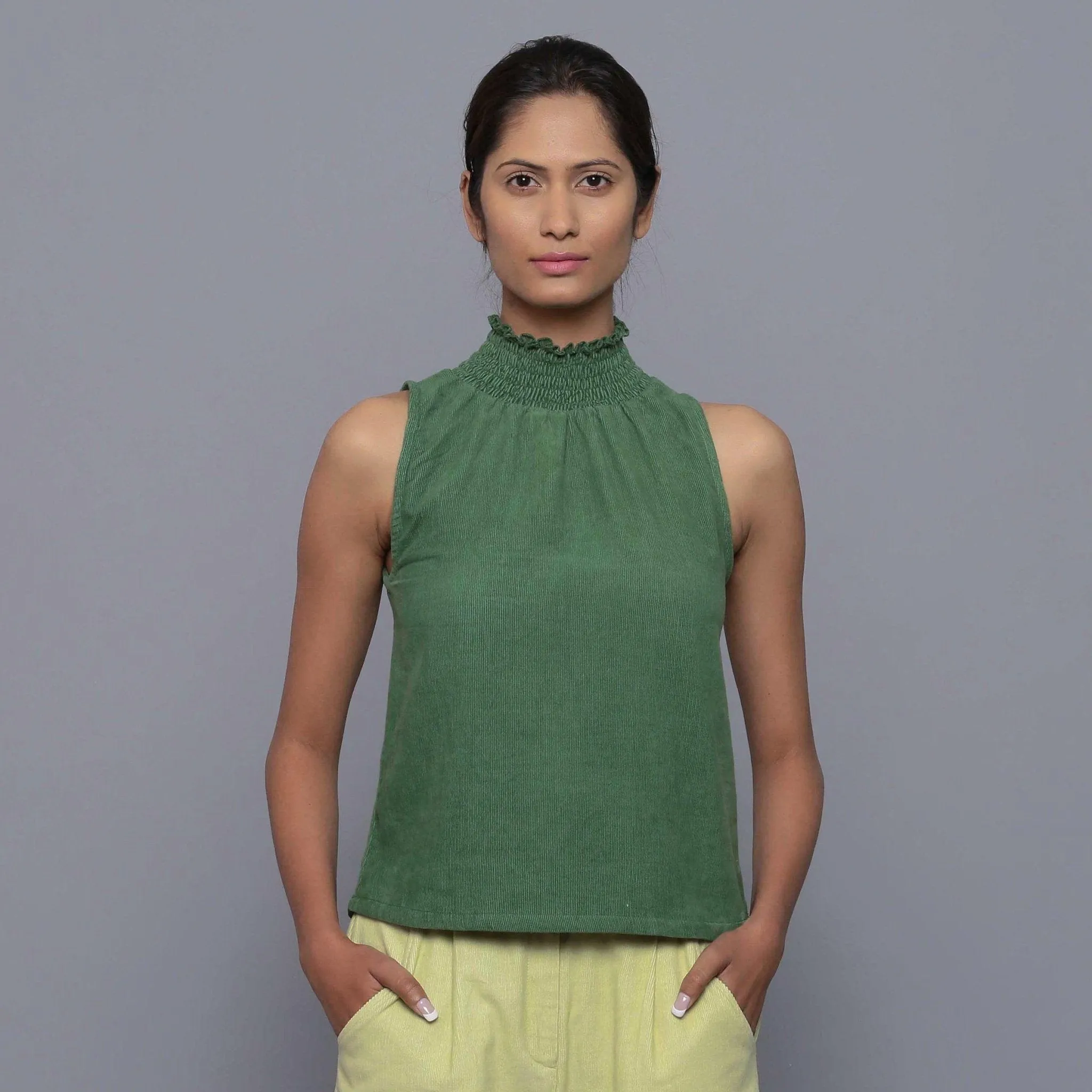 Green Warm Cotton Corduroy Turtleneck Top