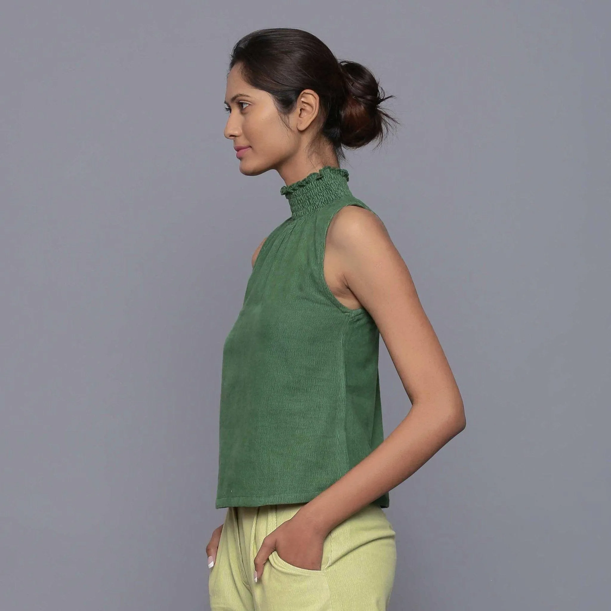Green Warm Cotton Corduroy Turtleneck Top