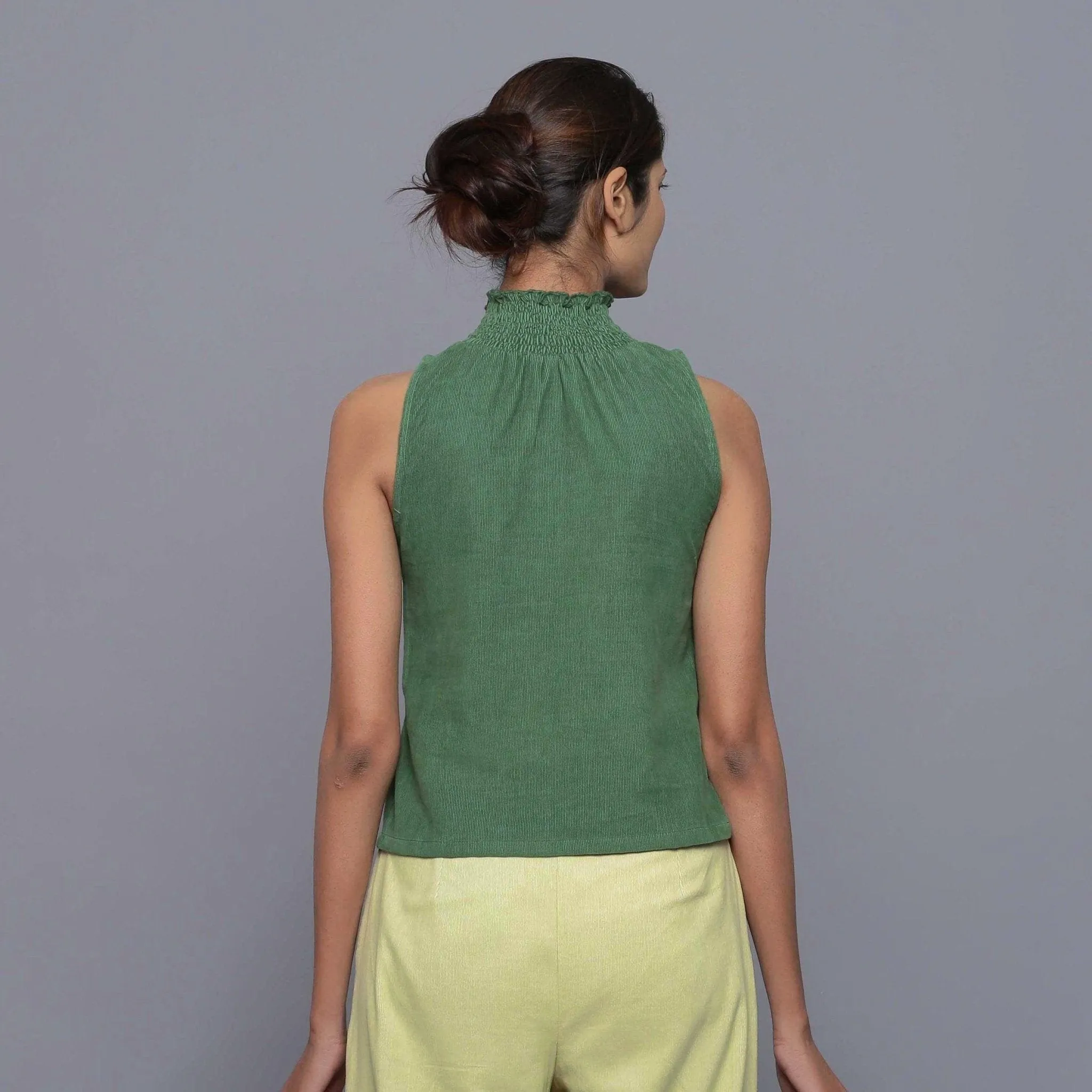 Green Warm Cotton Corduroy Turtleneck Top