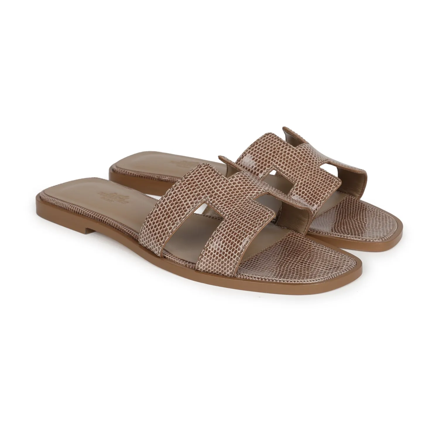 Hermes Oran Sandal Beige Argile Shiny Lizard 37.5 EU