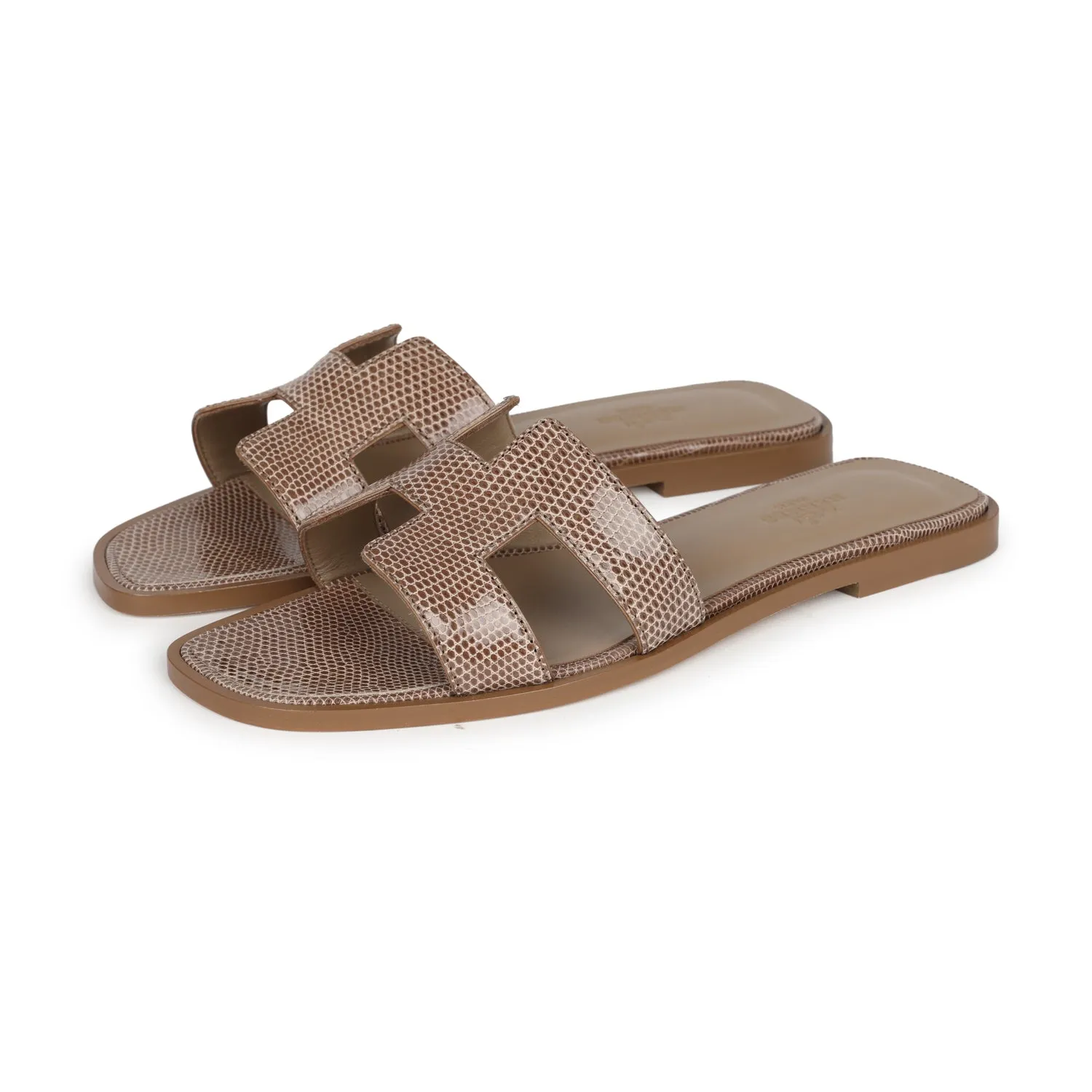 Hermes Oran Sandal Beige Argile Shiny Lizard 37.5 EU