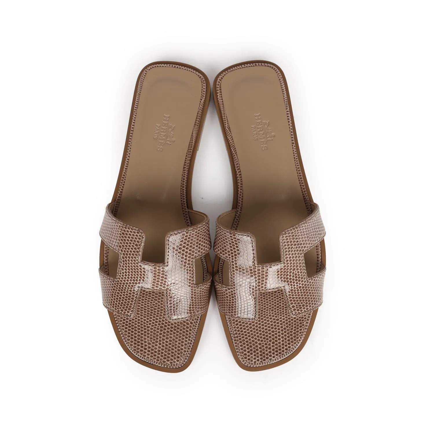 Hermes Oran Sandal Beige Argile Shiny Lizard 37.5 EU
