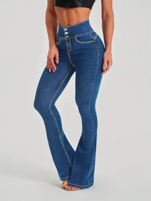 High Waist Slim Fit Flared Women's Jeans with Button Fly Closure - Stretch Denim