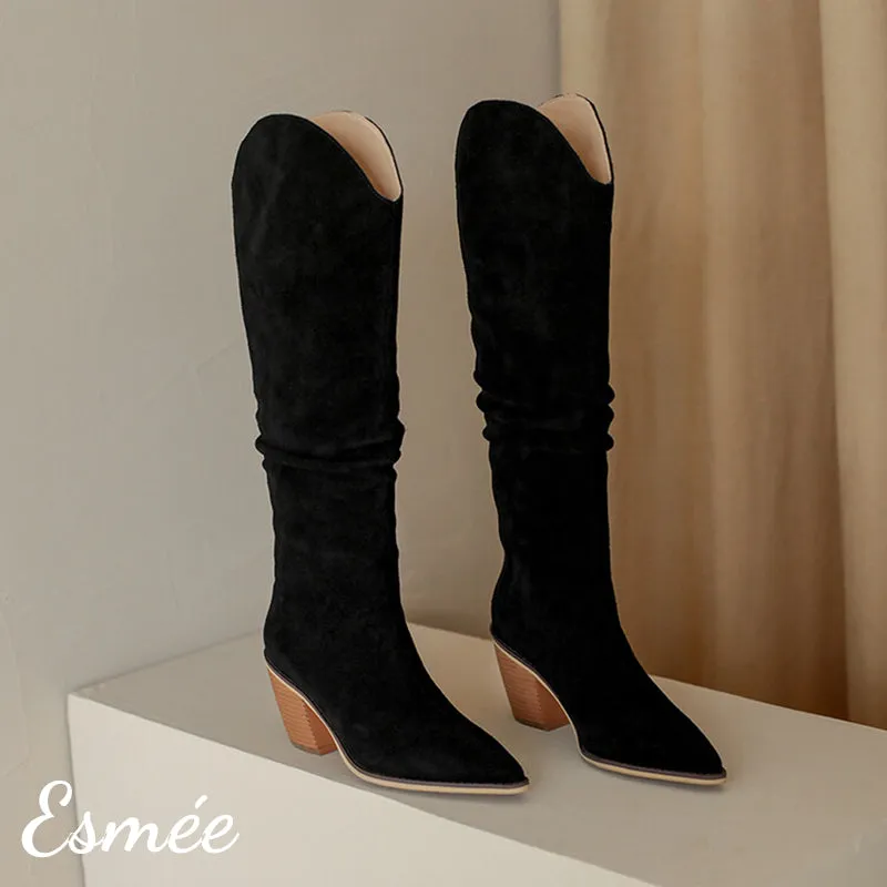Leather Cowboy Long Boots with Riding Heels