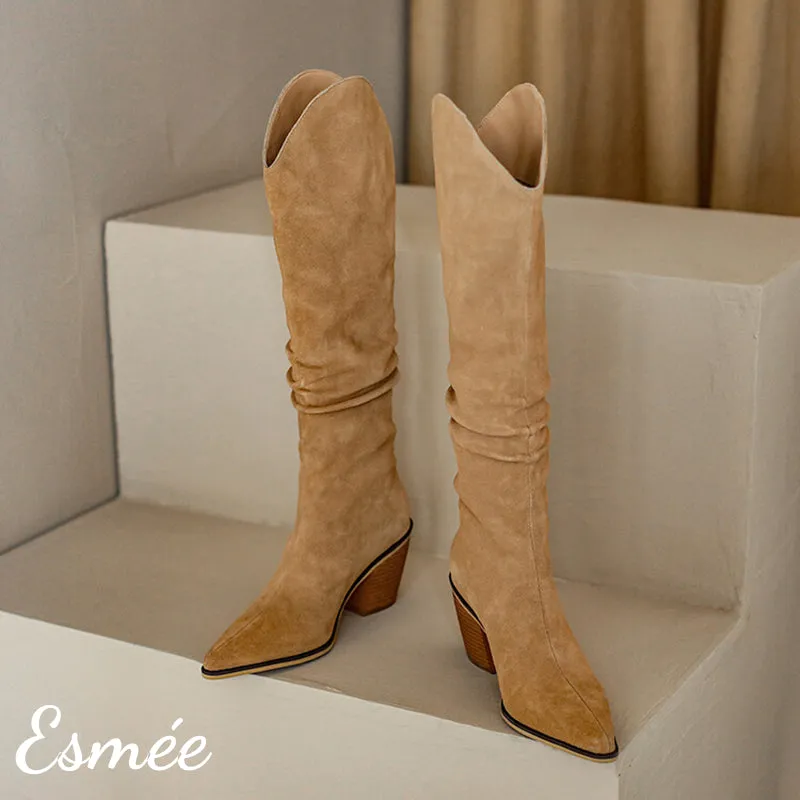 Leather Cowboy Long Boots with Riding Heels