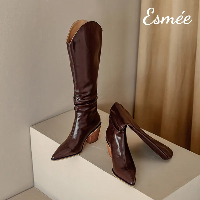 Leather Cowboy Long Boots with Riding Heels