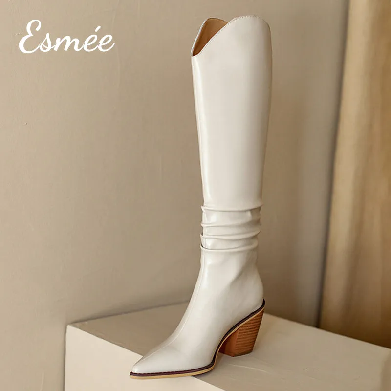 Leather Cowboy Long Boots with Riding Heels