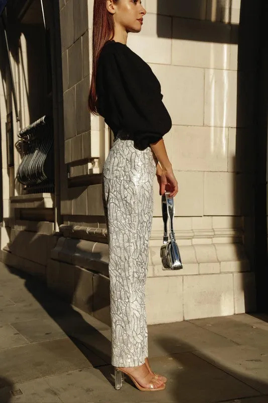 Lupe Printed Silver Metallic Shiny Pants