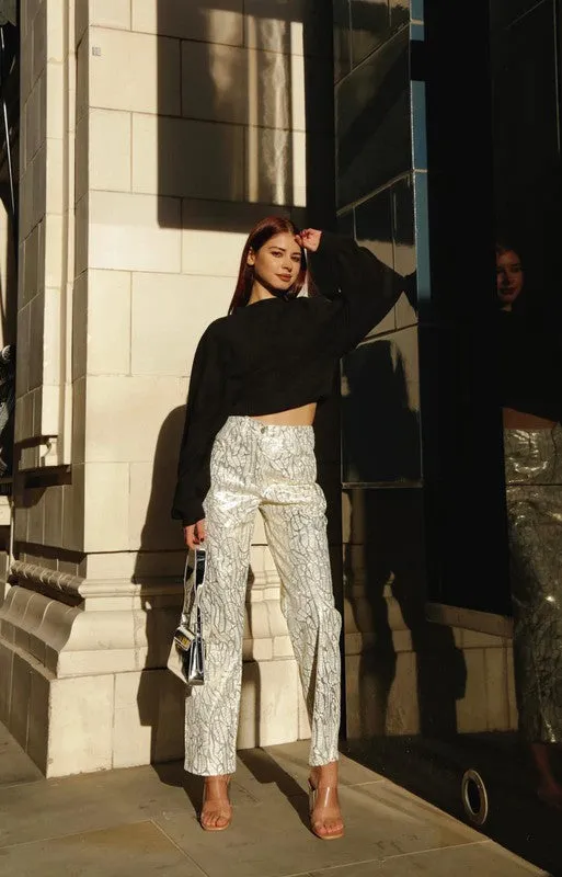 Lupe Printed Silver Metallic Shiny Pants