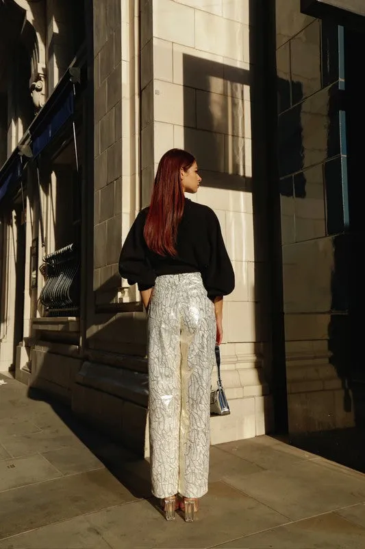 Lupe Printed Silver Metallic Shiny Pants