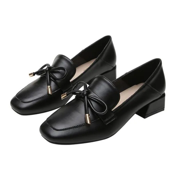 Plain Bow Block Heel Loafers