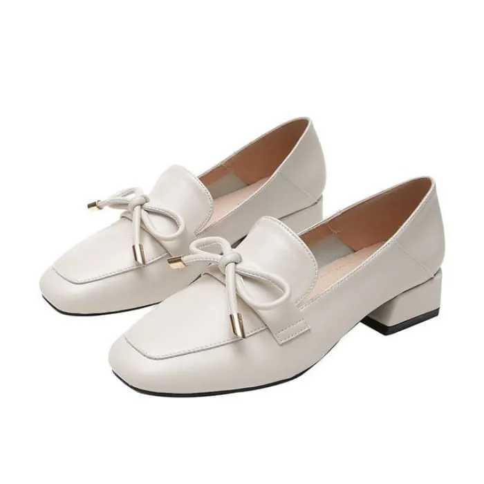 Plain Bow Block Heel Loafers