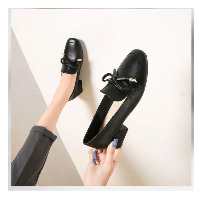 Plain Bow Block Heel Loafers