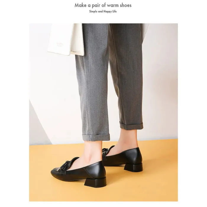 Plain Bow Block Heel Loafers