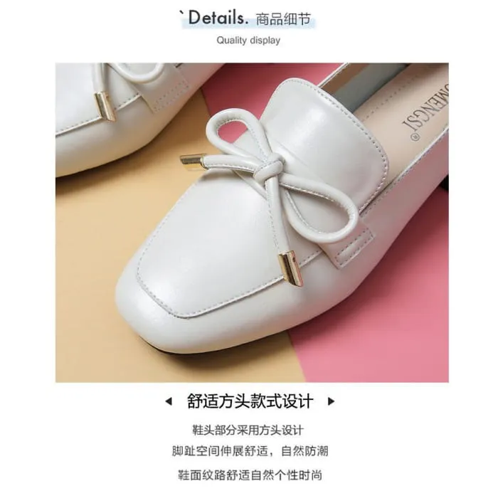 Plain Bow Block Heel Loafers