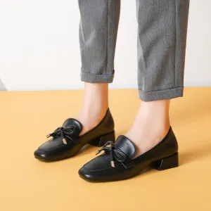 Plain Bow Block Heel Loafers