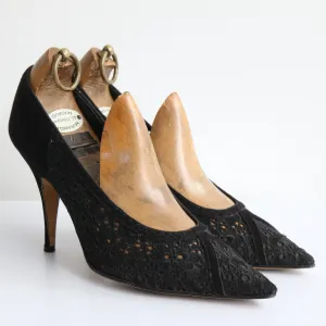"Broderie Anglaise" Vintage 1950's Black Stiletto Shoes UK 4 US 6 EU 37