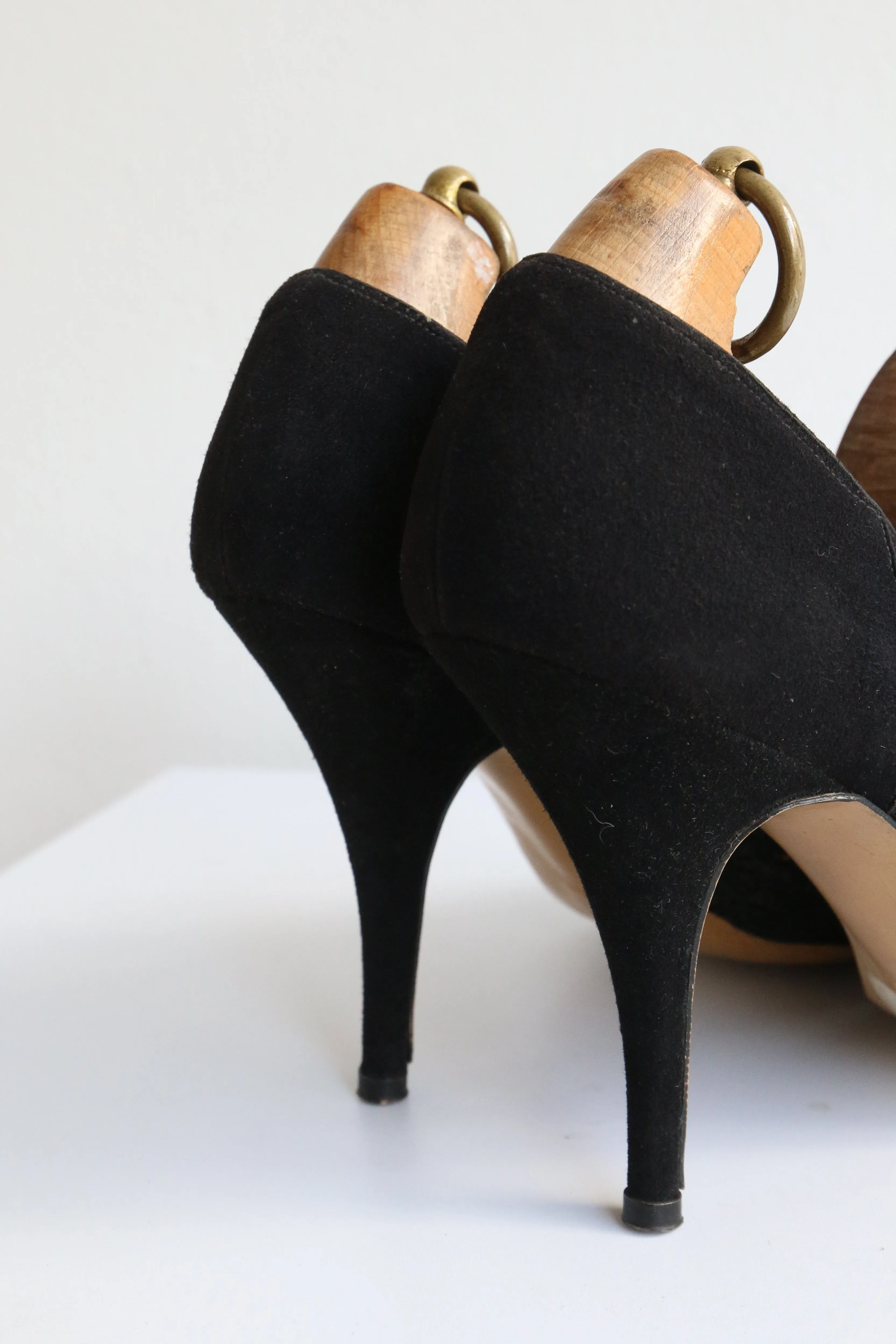 "Broderie Anglaise" Vintage 1950's Black Stiletto Shoes UK 4 US 6 EU 37