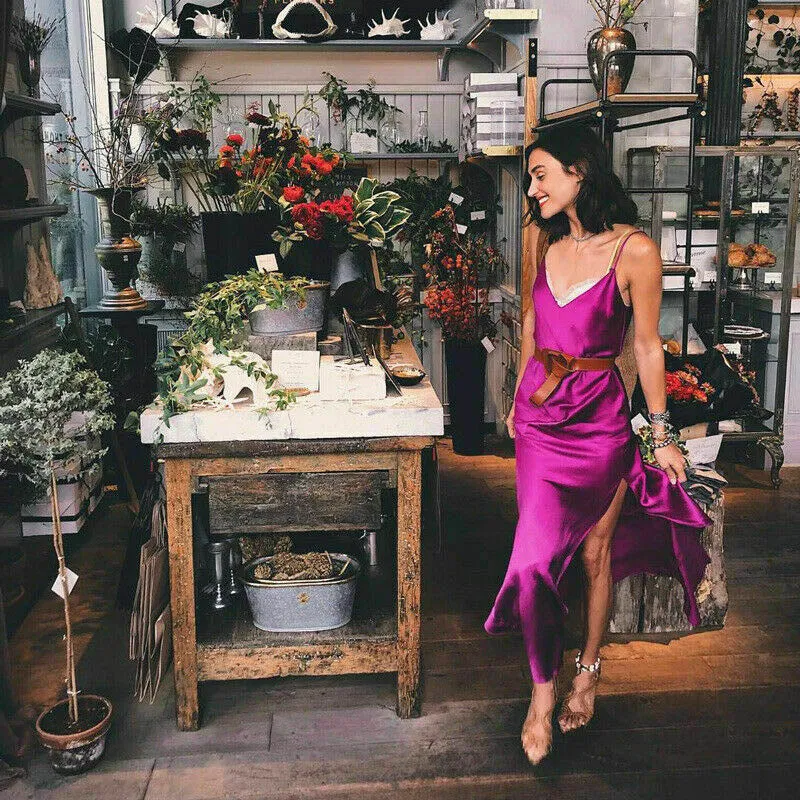 Sexy Split cut silk satin slip dress