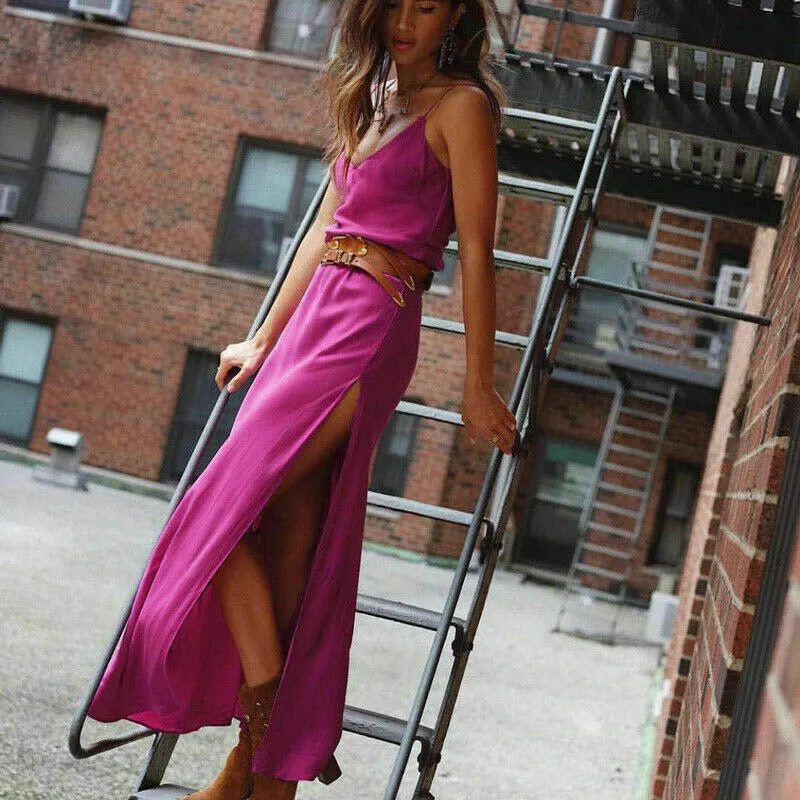 Sexy Split cut silk satin slip dress