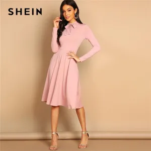 SHEIN Pink Bow Tie Neck Solid Flowy Slim Fit Dress Elegant Office Lady Turtleneck Knee Length Long Sleeve Spring Women Dresses