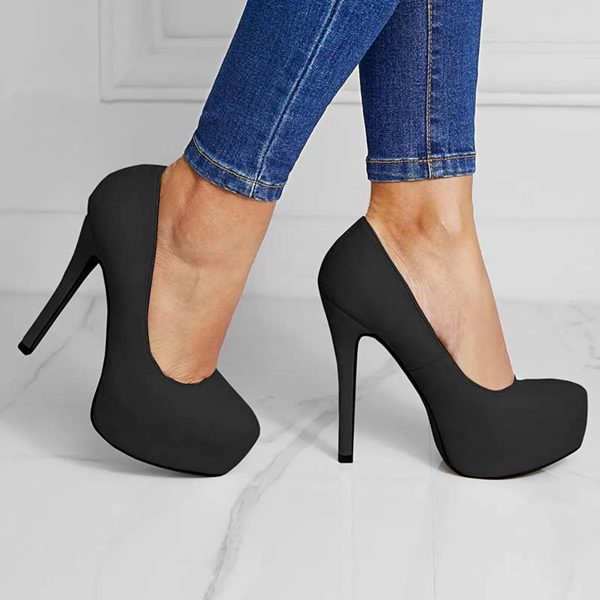 Sohiwoo Women Suede Round Toe Platform Stilettos Slip on High Heel Pumps