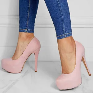 Sohiwoo Women Suede Round Toe Platform Stilettos Slip on High Heel Pumps