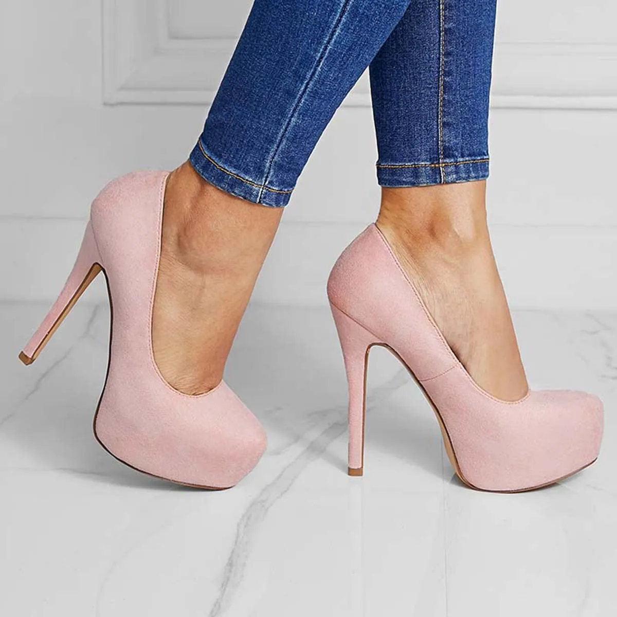 Sohiwoo Women Suede Round Toe Platform Stilettos Slip on High Heel Pumps