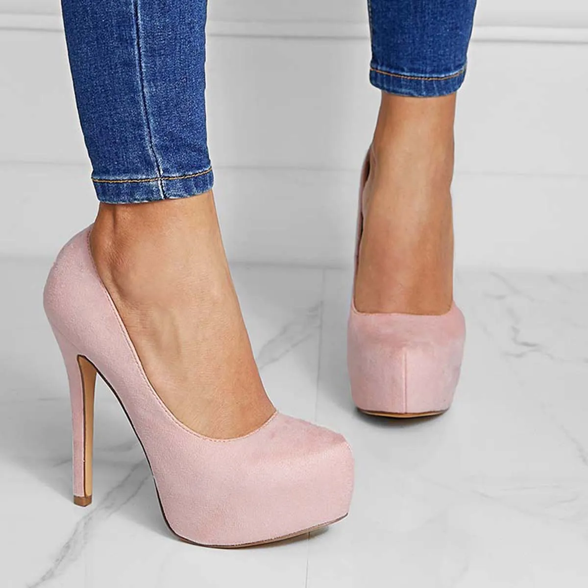 Sohiwoo Women Suede Round Toe Platform Stilettos Slip on High Heel Pumps