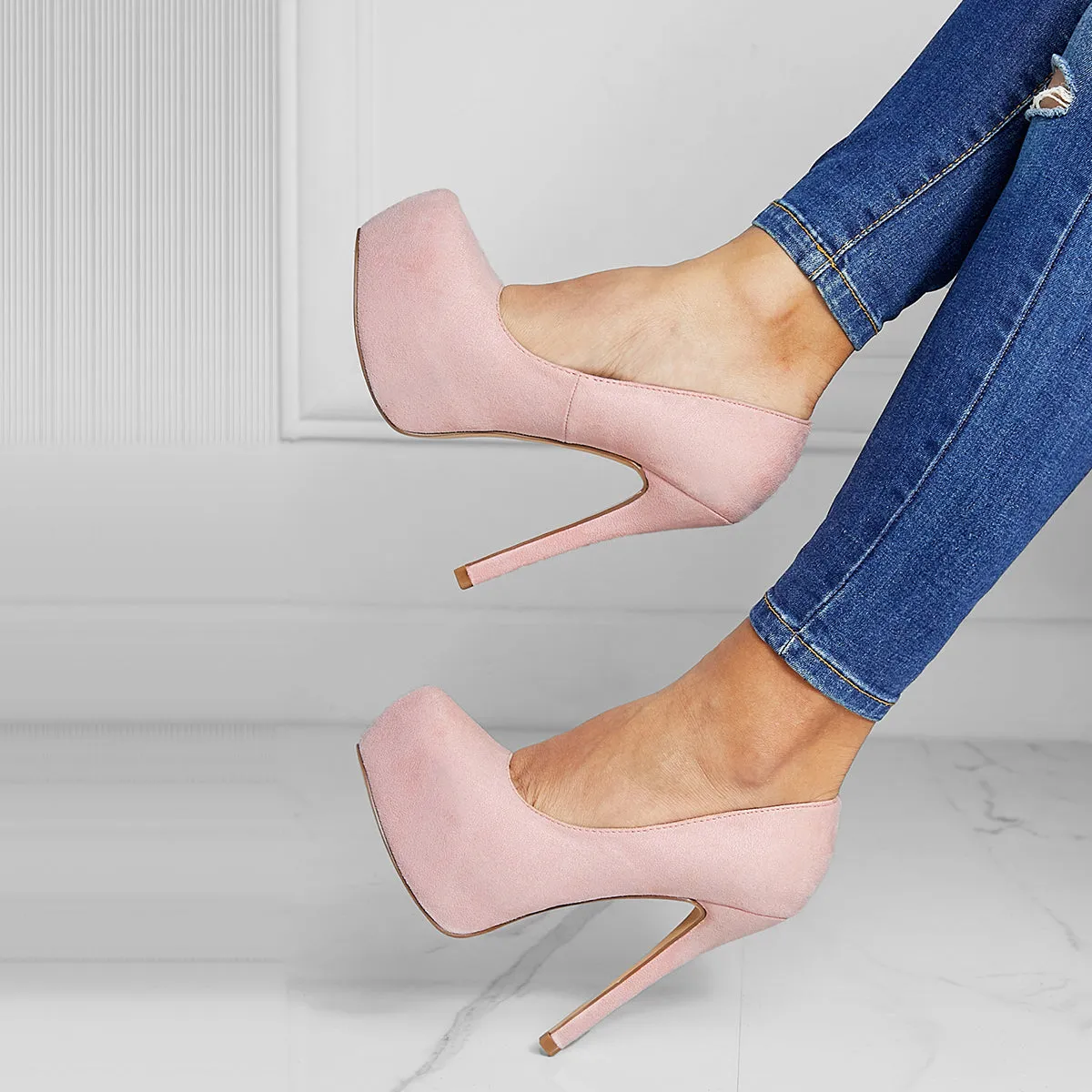 Sohiwoo Women Suede Round Toe Platform Stilettos Slip on High Heel Pumps