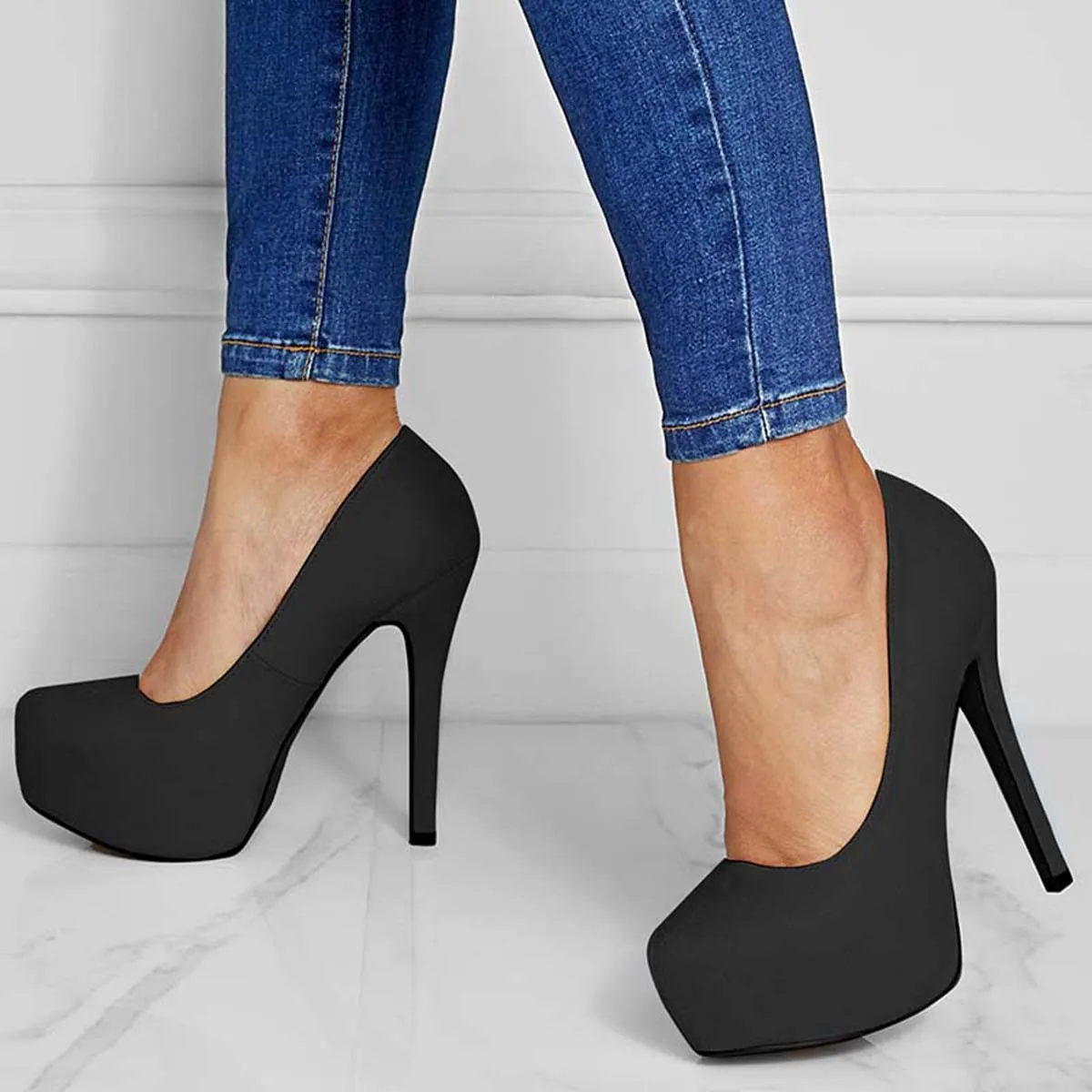Sohiwoo Women Suede Round Toe Platform Stilettos Slip on High Heel Pumps