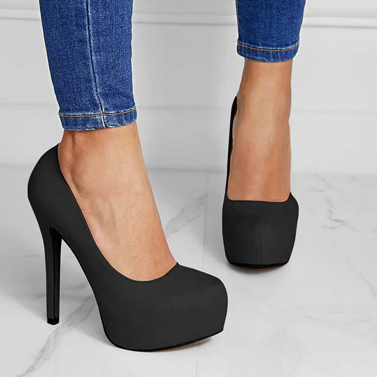 Sohiwoo Women Suede Round Toe Platform Stilettos Slip on High Heel Pumps