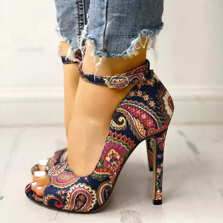 Women's High Heel Patterned Stilettos with Ankle Strap