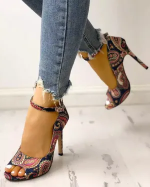 Women's High Heel Patterned Stilettos with Ankle Strap