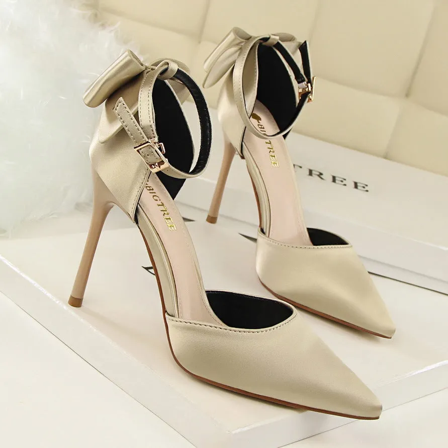 Women’s Satin High Heel Shoes with Stiletto Heel and Bow