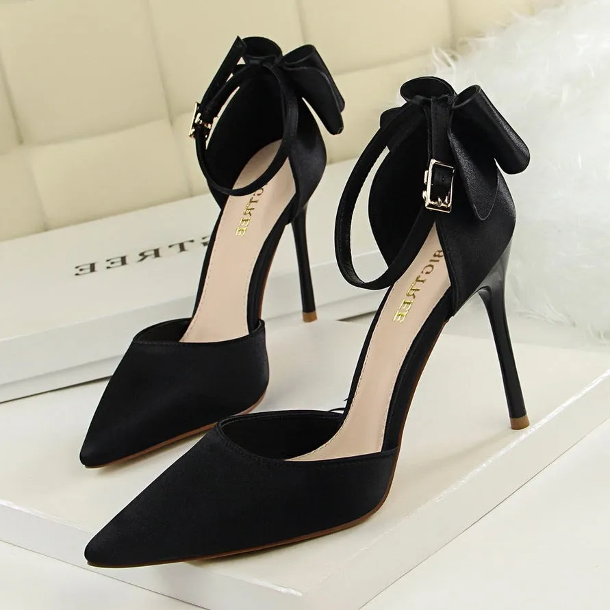 Women’s Satin High Heel Shoes with Stiletto Heel and Bow