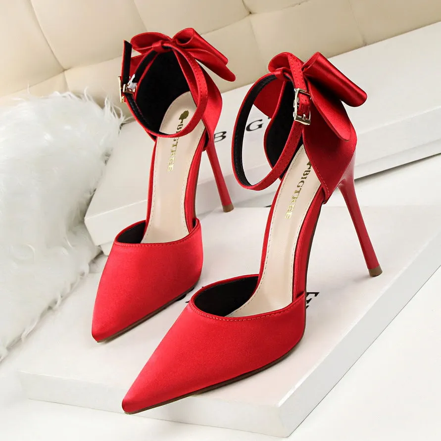 Women’s Satin High Heel Shoes with Stiletto Heel and Bow